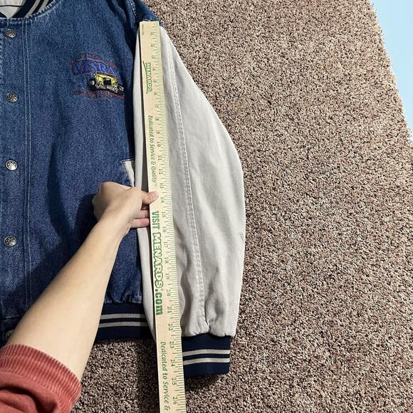 Vintage 90s Denim Varsity Jacket Mens 2XL Blue White Embroidered Car Show - Picture 9 of 11